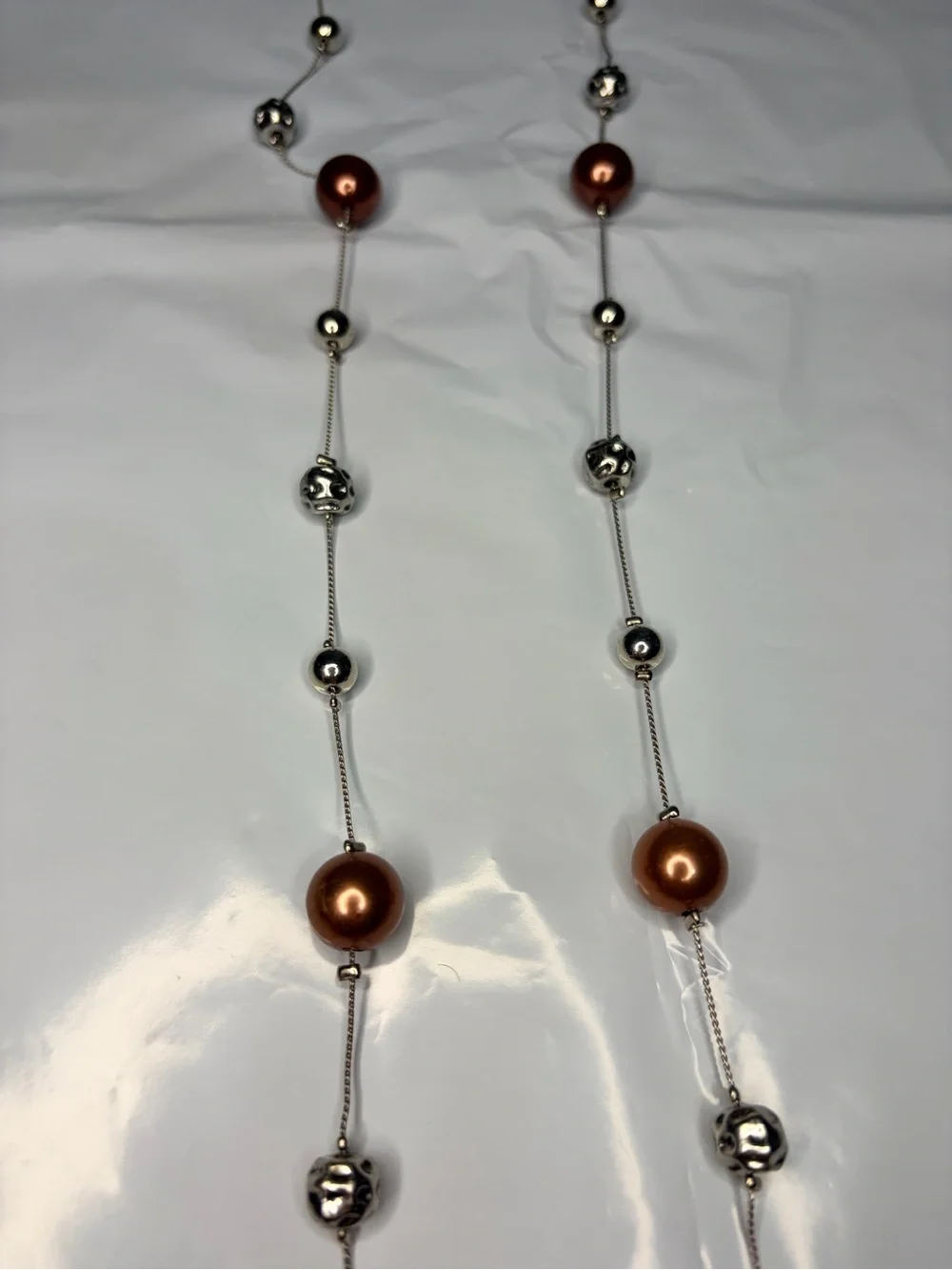 Women's Long Necklace with Copper Beads and Silver Accents